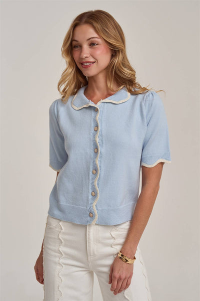 SCALLOPED BUTTON FRONT CARDIGAN WITH PETER PAN COLLAR: BLUE/IVORY / S-M-L(2-2-2) - Lulu Bella Boutique