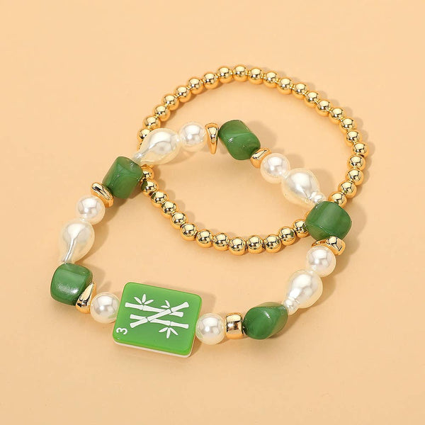 2PCS - Mahjong Tile Pearl Beaded Stretch Multi Layered Bracelets: Blue,Gold