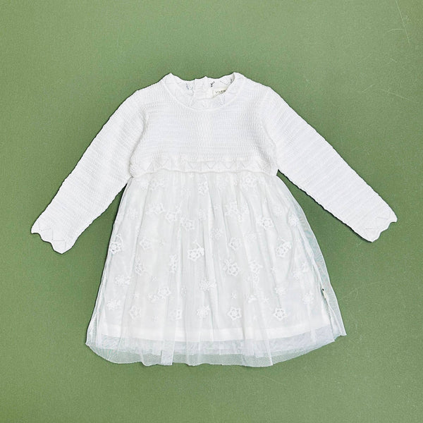 Milan White Floral Embroidered Tutu Knit Baby Dress Organic: Pure White