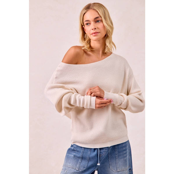WAFFLE KNIT OFF SHOULDER TOP: IVORY / S - Lulu Bella Boutique