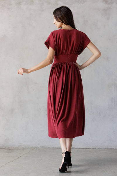 HD2706-1-ELEGANT MIDI DRESS: WINE RED / S - Lulu Bella Boutique