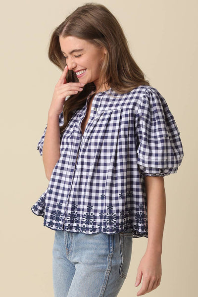 Abbie Gingham Puff Sleeve Blouse: White Navy / Contemporary / S - Lulu Bella Boutique