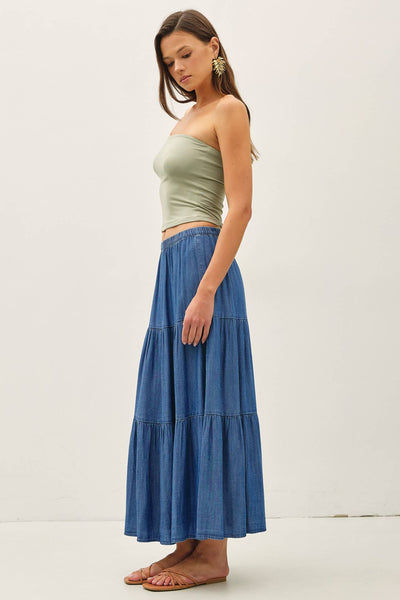 DENIM LOOK TENCEL TIERED MAXI SKIRT : MED WASH - Lulu Bella Boutique