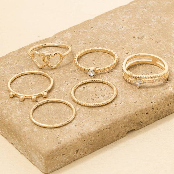 Six Piece Assorted Heart Rings Set: GCL - Lulu Bella Boutique