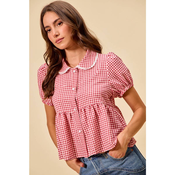 CHECK FRONT BUTTON SHORT PUFF SLEEVES BLOUSE TOP: RED CHECK / S - Lulu Bella Boutique