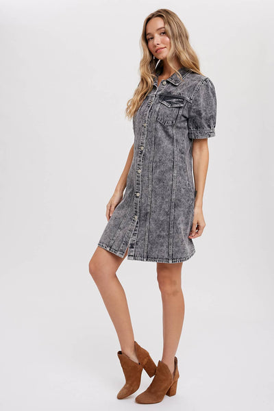 BUTTON UP DENIM DRESS: WASHED BLACK