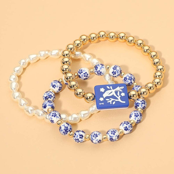 3PCS - Mahjong Charm Accent Floral Pearl Beaded Stretch Multi Layered Bracelets: Gold,Ivory