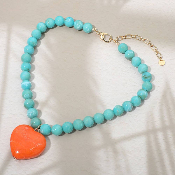 Chunky Marbled Resin Heart Charm Beaded Necklace: Ivory,Pink