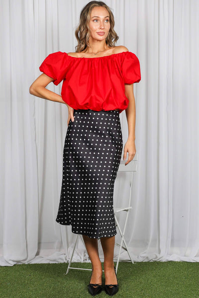 Dot Print Bias Cut Satin Midi Skirt VS51610K: Black / S - Lulu Bella Boutique