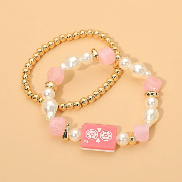 2PCS - Mahjong Tile Pearl Beaded Stretch Multi Layered Bracelets: Blue,Gold