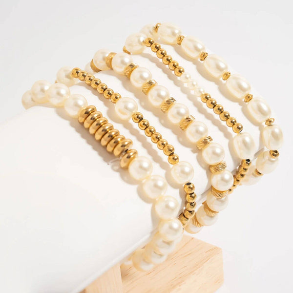 18K Gold PVD 8mm Kiska Glass Pearl Stretch Bracelet: Gold