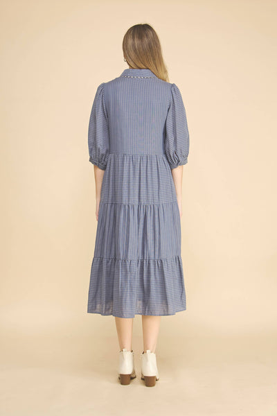 Gingham Tiered Midi Dress: Denim Blue