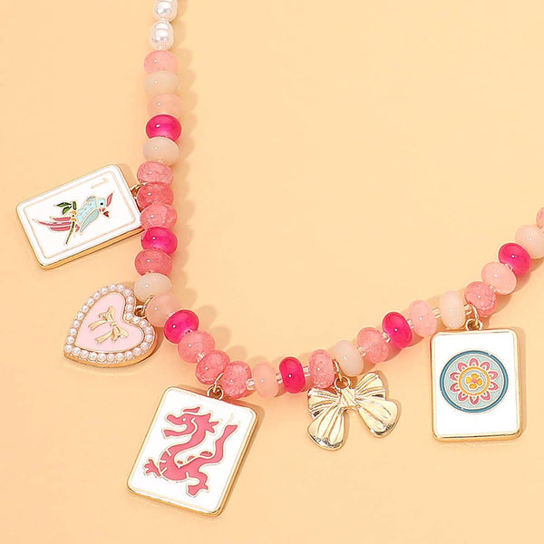 Mahjong Tile Heart Bow Charm Pearl Beaded Necklace