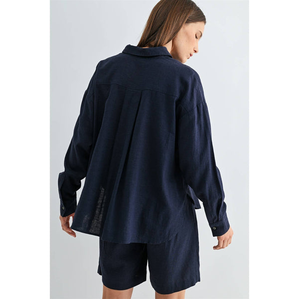 LINEN DROP SHOULDER SHIRT: Navy / S-M-L(2-2-2) - Lulu Bella Boutique