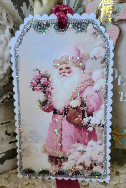 Christmas Gift Tag Pink Santa n Roses - Lulu Bella Boutique