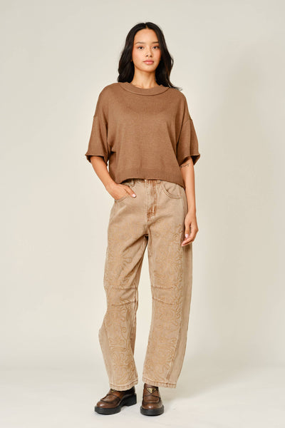 EMBROIDERED DETAIL COTTON BARREL PANTS: RUST