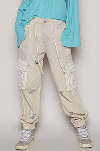 Tie waistband contrast crochet cargo pockets denim joggers: PALE GREY / S - Lulu Bella Boutique
