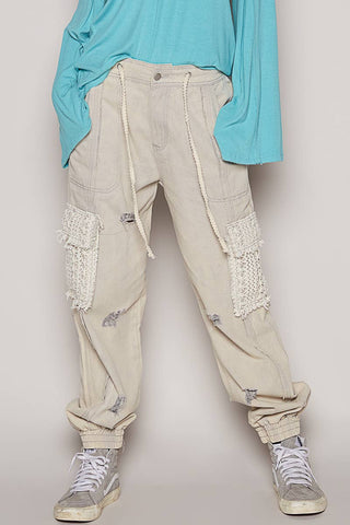 Tie waistband contrast crochet cargo pockets denim joggers: PALE GREY / S - Lulu Bella Boutique