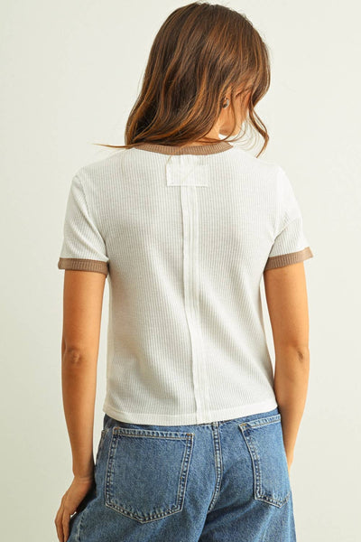 ET6124   COLOR COMBO WAFFLE FABRIC TOP: WHITE/SAGE / S - Lulu Bella Boutique