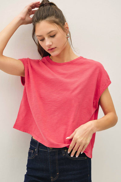 GARMENT DYE COTTON SLUB BOXY CUT CAP SLEEVE TEE : CRANBERRY / S - Lulu Bella Boutique