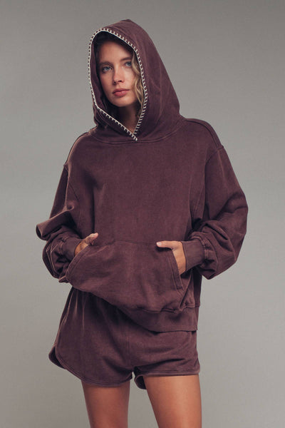 Vintage-Wash Crochet Trim Hooded Sweatshirt: BROWN