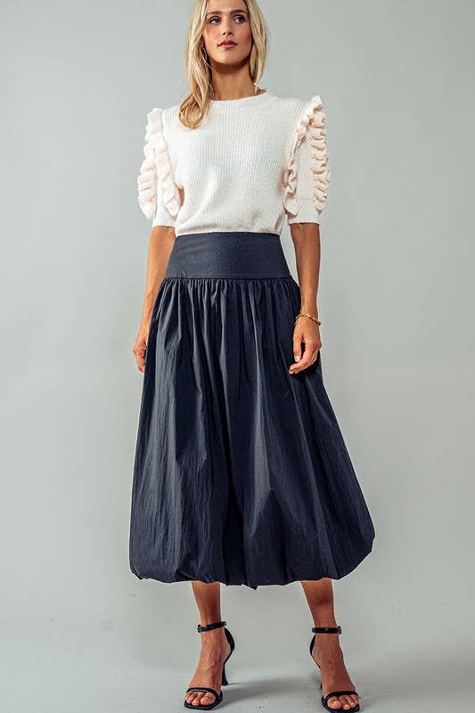 Eclipse Crescent Balloon Midi Skirt: BLACK