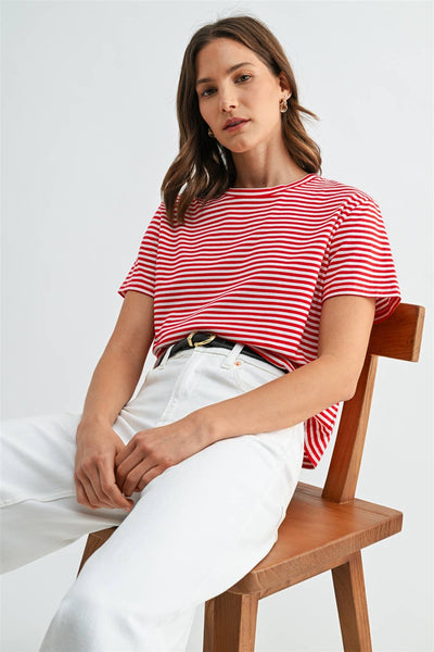 STRIPE SHORT SLEEVE TOP: Red
