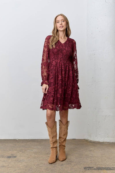 LACE V-NECK SMOCKED BODICE DRESS: BURGUNDY