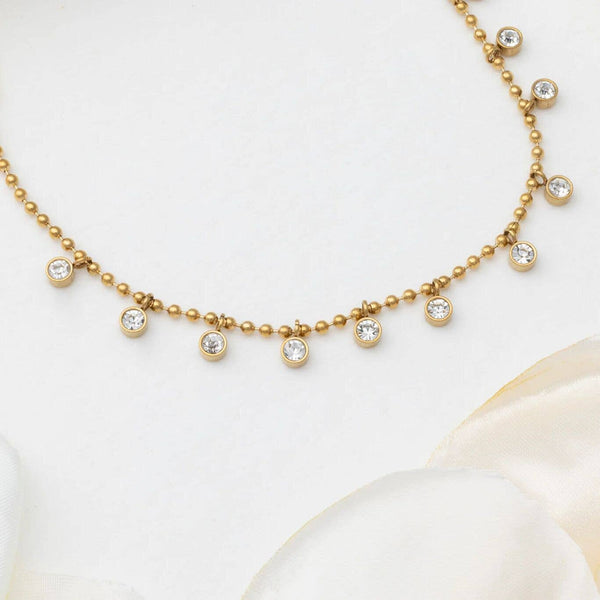 18K Gold PVD Stainless Steal Round Stone Dangle Necklace: Gold