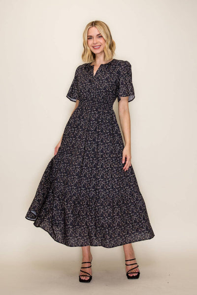 Ditsy Floral Flutter Sleeve Midi Dress: Navy / S - Lulu Bella Boutique