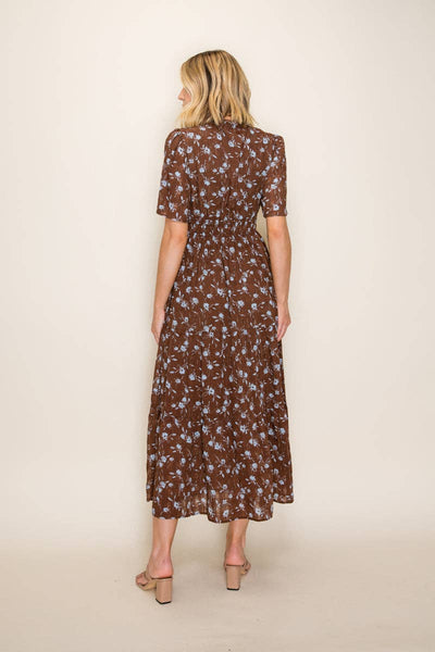 Ditsy Floral Tiered Midi Dress: Brown