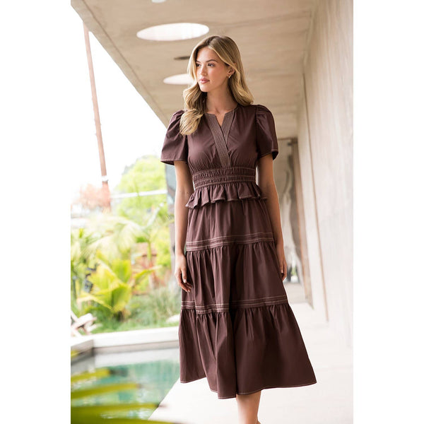 Short Sleeve V-Neck Tiered Midi Dress: BROWN