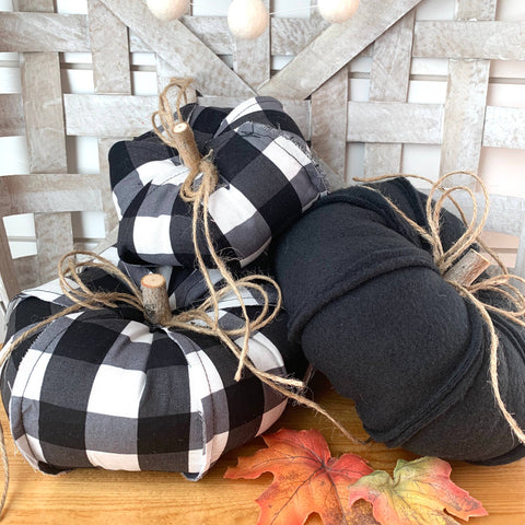 3 Pc. Black And White Rustic Check Fabric Pumpkin Set - Lulu Bella Boutique