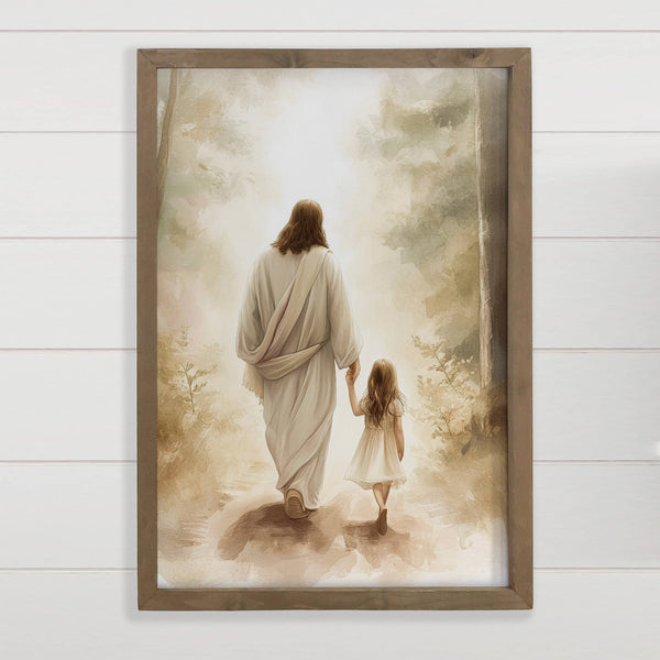 Jesus Walking with Light Haired Girl - Jesus Canvas Art : 18x24" Large Canvas Art with Thick Wood Frame - Lulu Bella Boutique