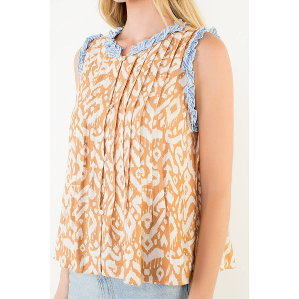 Sleeveless Abstract Pattern Top: BEIGE / XS-S-M-L(1-2-2-1) - Lulu Bella Boutique