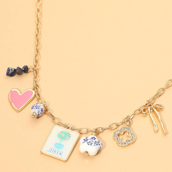 Mahjong Tile Bow Heart Quatrefoil Flower Charm Station Necklace