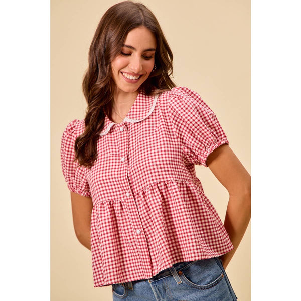 CHECK FRONT BUTTON SHORT PUFF SLEEVES BLOUSE TOP: RED CHECK / S - Lulu Bella Boutique