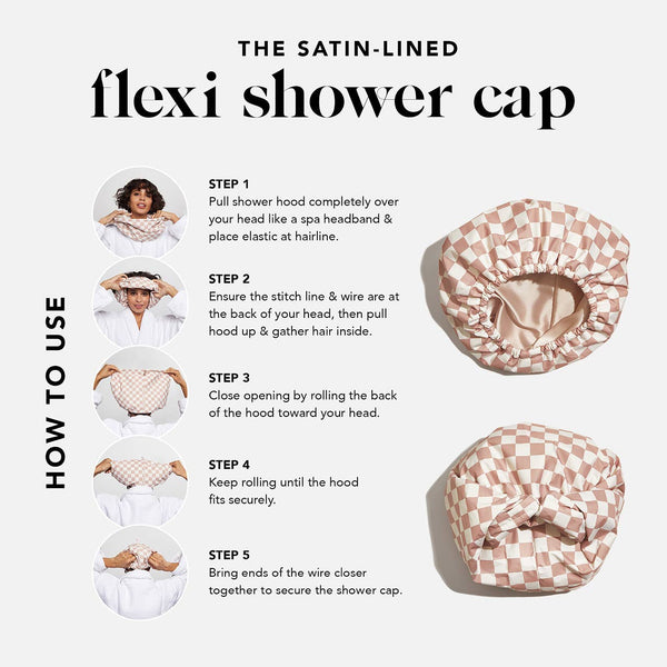 Satin Lined Flexi Shower Cap - Terracotta Checker - Lulu Bella Boutique