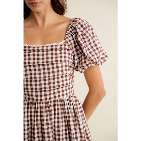 GINGHAM LACE TRIM PUFF SLEEVES LINED MIDI DRESS: BROWN / S - Lulu Bella Boutique
