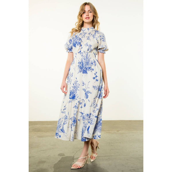 Floral Print Short Sleeve Maxi Dress: BLUE / XS-S-M-L(1-2-2-1) - Lulu Bella Boutique