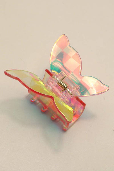 CHECKER BUTTERFLY HOLOGREAPHIC HAIR CLAW CLIPS | 40H776: FUCHSIA - Lulu Bella Boutique
