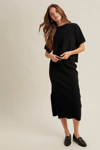 RIBBED KNIT SWEATER TOP AND SKIRT SET