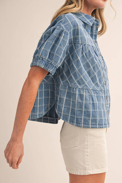 CHECKERED DENIM BUTTON DOWN TOP MTP4657: LIGHT DENIMBLUE / S - Lulu Bella Boutique