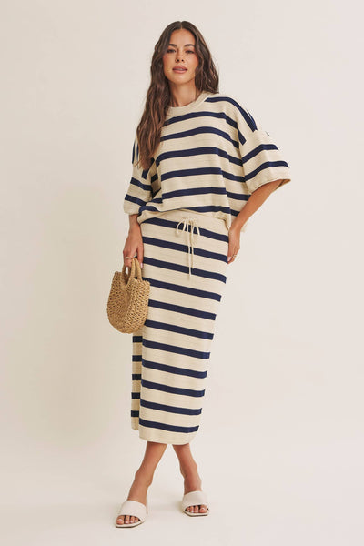 WEEKEND IN CANNES SOFT DRAPE COTTON STRIPE SET: NATURAL/NAVY