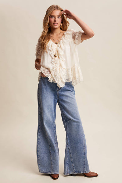 Lace Trim Ruffle Peplum Blouse LT1448: Cream / Contemporary / S - Lulu Bella Boutique