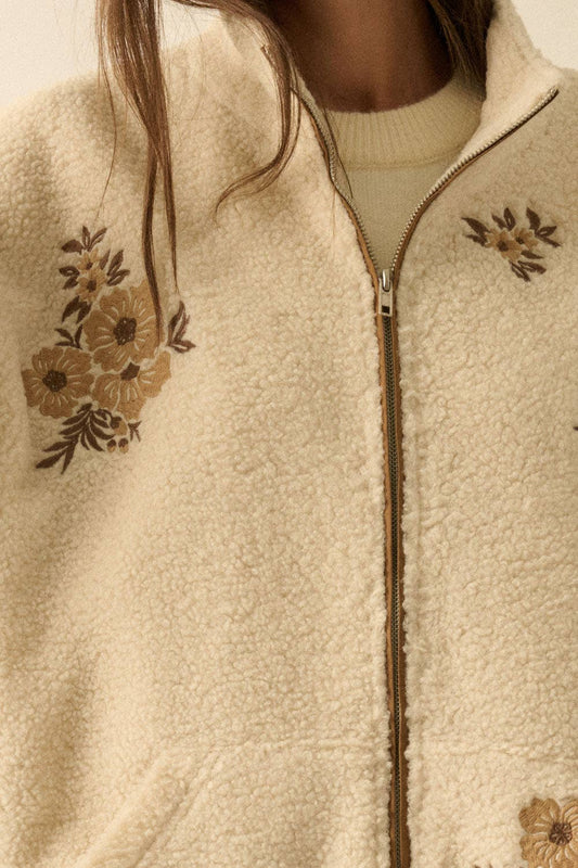 Floral-Embroidered Sherpa Fleece Zip-Up Jacket: Cream