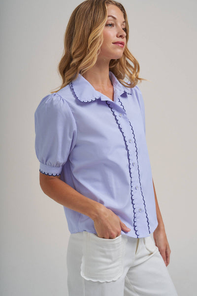 PIN STRIPE BLOUSE TOP WITH SCALLOP EDGE STITCHING DETAIL: BLUE/IVORY / S-M-L(2-2-2) - Lulu Bella Boutique