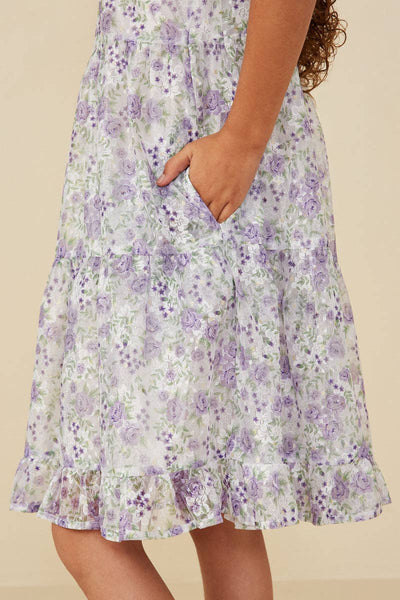 Girls Floral Printed Mesh Puff Sleeve Tiered Dress: Lavender