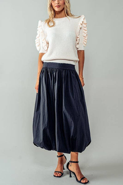 Eclipse Crescent Balloon Midi Skirt: BLACK