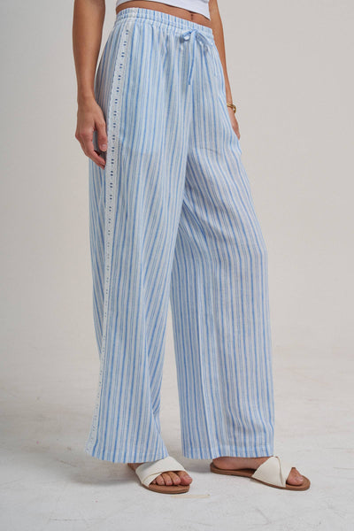 CASUAL PANTS WITH DELICATE RIBBON TRIM ON THE SIDE: VINTAGE BLUE / S-M-L(2-2-2) - Lulu Bella Boutique